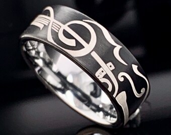 Music Note Tungsten Ring – 9mm Black Engraved Treble Clef & Violin Artistic Wedding Band
