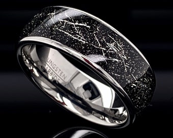 Black Meteorite Tungsten Ring 8mm Domed Wedding Band Comfort Fit Unisex