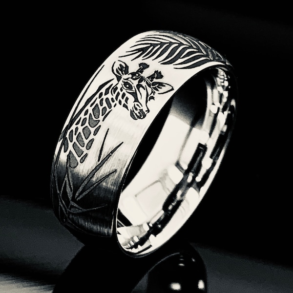 Tungsten Giraffe Ring Nature Engraved 8mm Mens and Womens Wedding Band