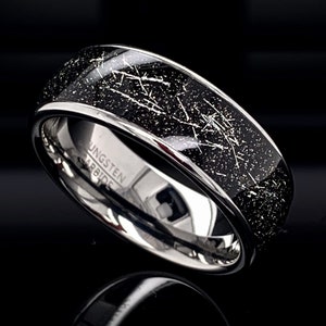 Black Meteorite Tungsten Ring: Comfort Fit Wedding Band