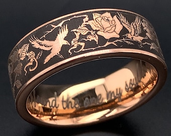 Rose Gold Tungsten Ring| Ravens and Roses| Rose Gold Plated Custom Engraved Tungsten Band | Personalized Ring| Unique Gift For Nature Lover