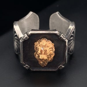 Mens Silver Ring, Handcrafted Ring, Lion Head Ring, Lion Silver Ring, Gold and Silver Ring, Mens Cuff Ring, Unique Mens Ring, Lion Ring