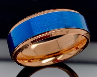 Blue Tungsten Ring, Rose Gold Blue Ring , Blue Wedding Ring , Tungsten Ring, Blue Wedding Ring, Mens Blue Ring, Mens Wedding Ring, 8 mm