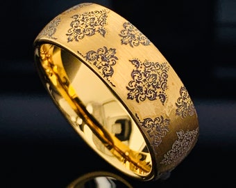Anillo de bodas de tungsteno dorado: diseño floral de damasco, banda de satén de 8 mm