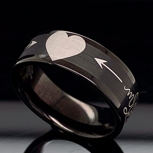 Black Tungsten Wedding Band: 9mm Satin Finish, Arrow Design