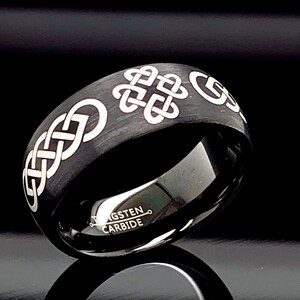 Mens Tungsten Ring, Black Tungsten Band, Celtic Heart Ring, Double Infinity Ring, Tungsten Band, Personalized Ring, Custom Engraved Ring