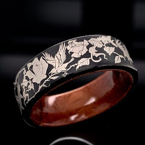 Custom Engraved Black Tungsten Ring: Ravens & Roses, Wood Sleeve