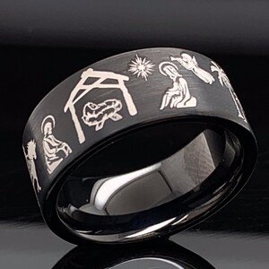 Mens Wedding Ring, Mens Wedding Band, Women&#39;s Wedding Ring, Custom Tungsten Ring, Black Wedding Ring, Nativity Ring,  Black Tungsten Ring