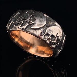 Oxidized Sterling Silver Skull Ring: Handmade Biker Wedding Band