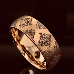 Rose Gold Ring, Tungsten Ring, Damask Pattern Ring, Women&#39;s Wedding Band, Mens Wedding Band, Custom Engraved Ring, Personalized Ring