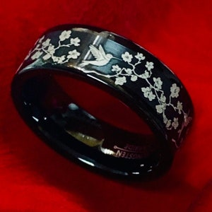 Black Tungsten Wedding Ring: Hummingbird Floral Engraved Band (8mm)