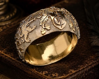 Bague écusson familial blason en or 14 carats héritage fait main style ancien bague personnalisée