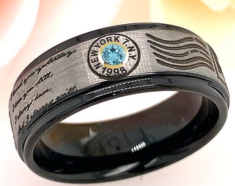 Topaz Tungsten Ring, Mens Tungsten Ring, Custom Tungsten Ring, Personalized Ring, Vintage Post Card, Black Tungsten Ring, Mens Promise Ring