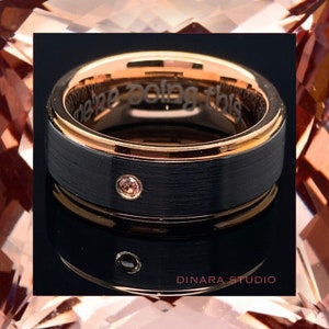 Morganite Black Tungsten Ring: Rose Gold Stepped Edge Wedding Band