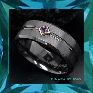 Alexandrite Black Zirconium Ring: Custom Engraved Wedding Band