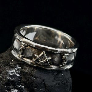 Mens Masonic Ring Silver 10mm With Square And Compass Symbol, Handmade Freemasons Ring, Antique Style Initiation Gift For Mason