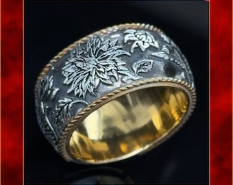 Dahlia Flower Silver Wedding Ring with 18k Gold Plated Rope Detail