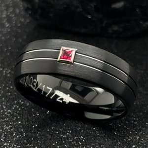 Black Tungsten Wedding Ring with Birthstone of your choice, Custom Engraved, Personalized, Mens and Women’s Tungsten Ring,  Made to Order