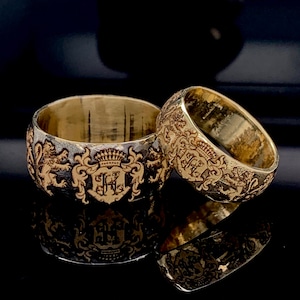 Personalized Gold Wedding Ring with Family Crest Monogram Unique Handmade Wedding Band for Men and Women
