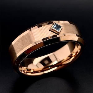 Rose Gold Tungsten Ring: Blue Topaz Gemstone, Engraved Anniversary Band