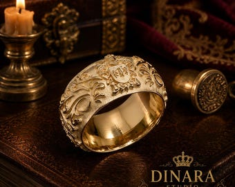Bague écusson familial en or 14 carats fait main : bague d'anniversaire personnalisée
