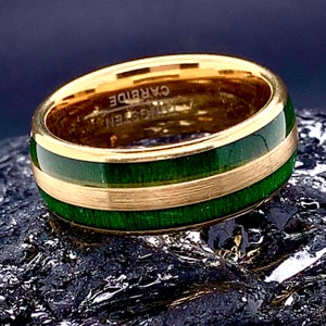 Gold Tungsten Wedding Ring: Green Wood Inlay, Engraved 8mm Dome Band