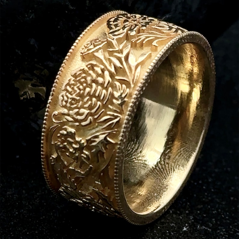 14k Gold Floral Birth Flower Ring Custom Bouquet Engraved Wedding Band ...
