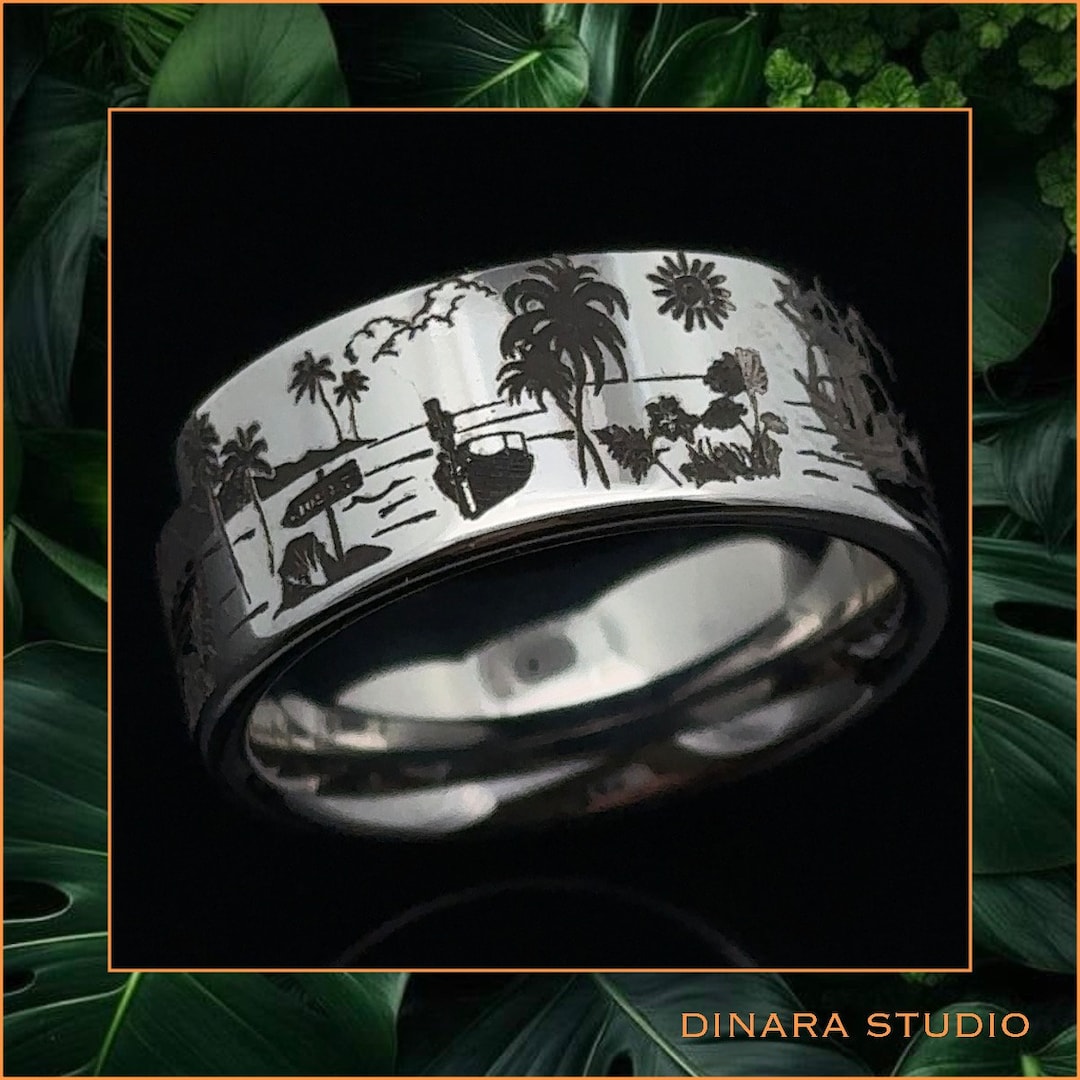Custom Engraved Destination Wedding Ring Tropical Island Unique ...