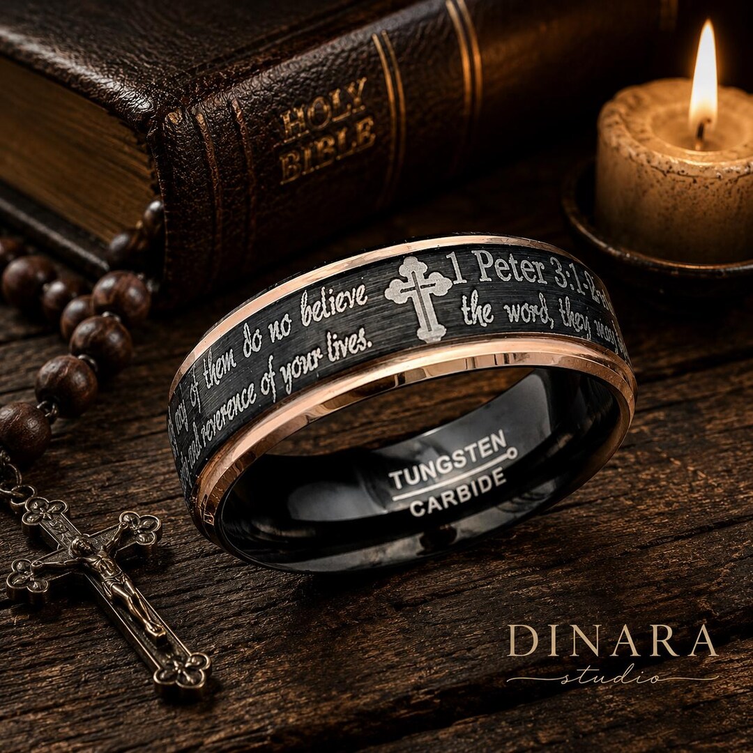 Personalized Christian Ring With Scripture Cross Tungsten Wedding Band ...