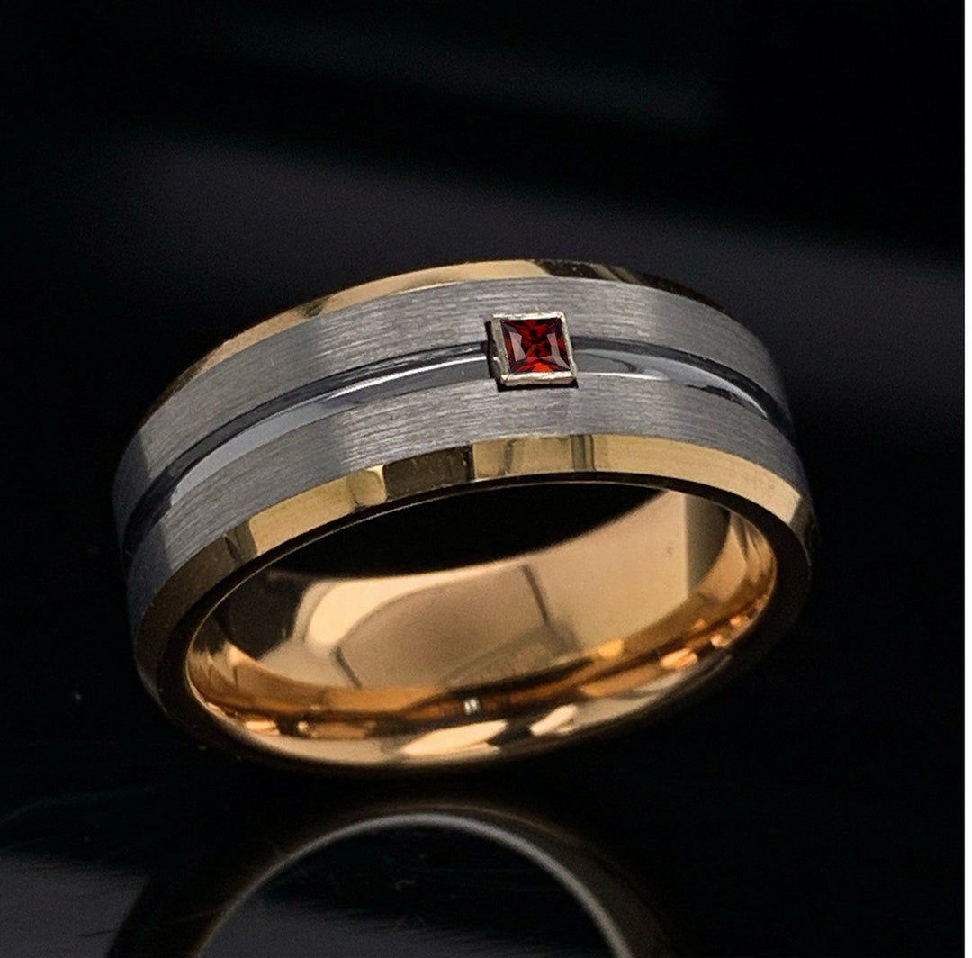Tungsten Wedding Band Ruby Gemstone Mens and Women’s Ring 8mm Comfort ...