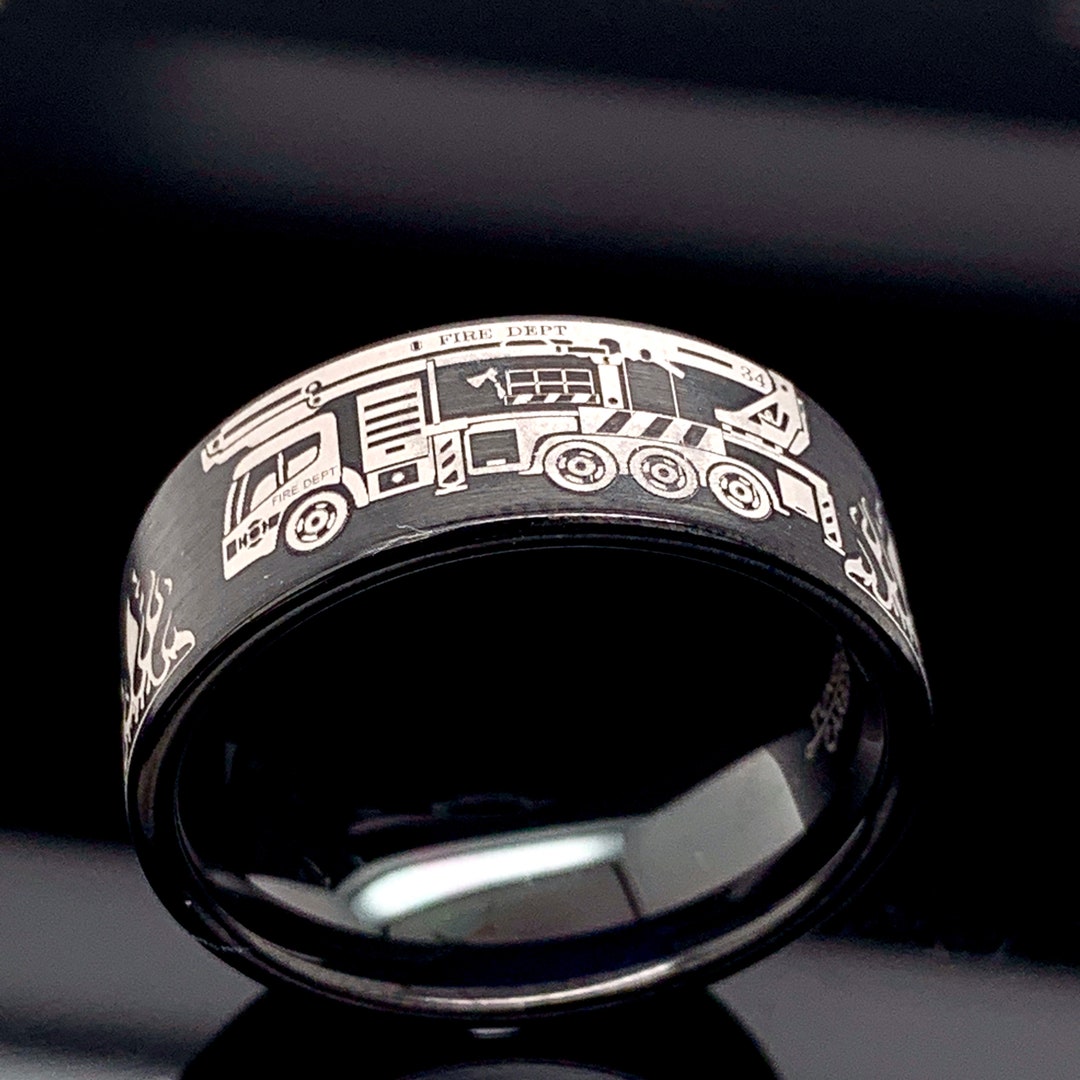 Firefighter Tungsten Ring: Black Brushed Mens Wedding Band, Custom ...