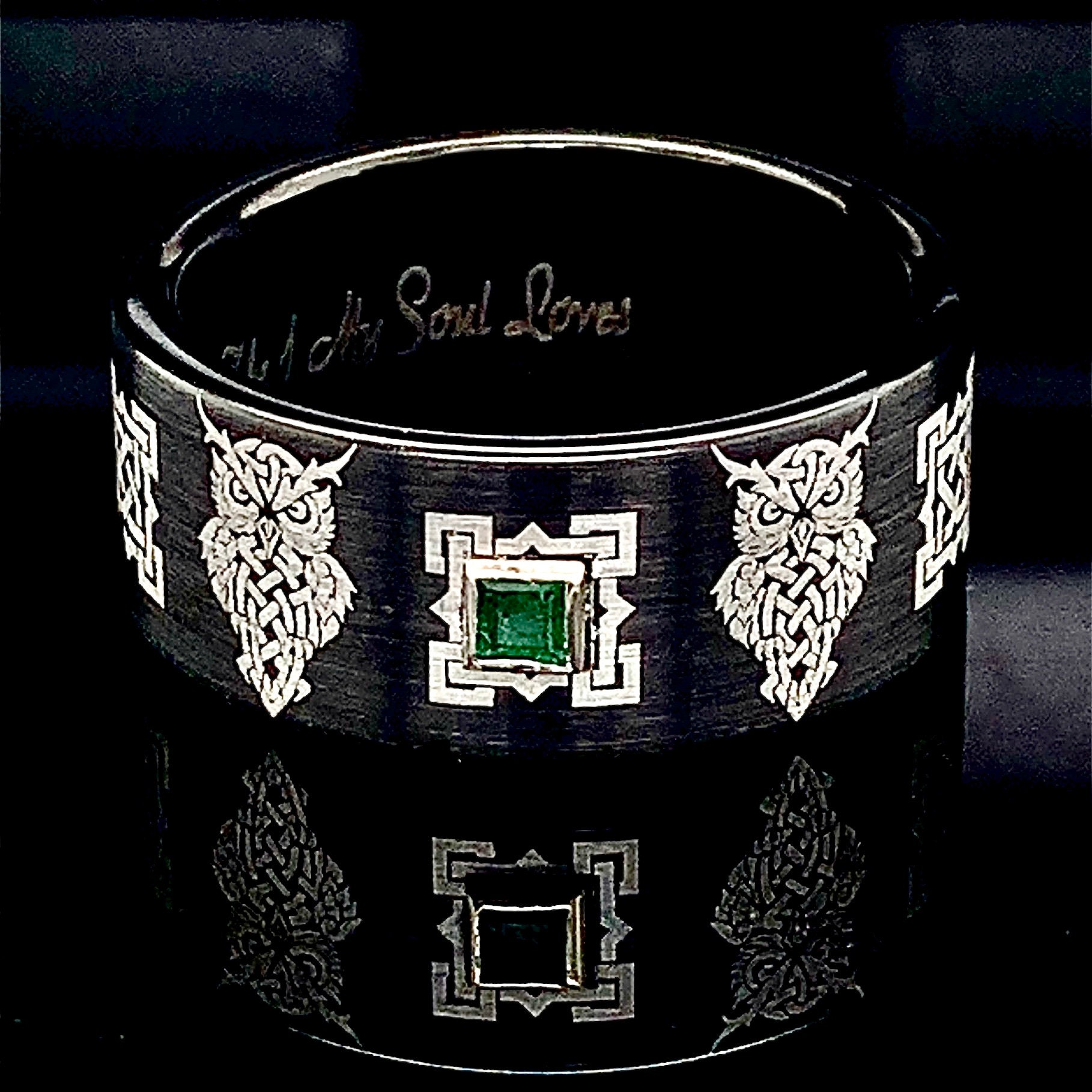 Celtic Tungsten Ring, Celtic Owl Ring, Mens Emerald Tungsten Wedding Band,  Custom Tungsten Ring, An