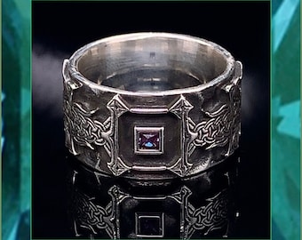 Oxidized Sterling Silver Viking Ring: Horsemen Design, Gemstone Accent