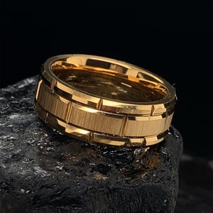 Gold Plated Tungsten Wedding Ring: Grooved Beveled Edge, Personalized