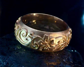 14k Gold Hawaiian Hibiscus Flower Ring Handmade Victorian Scroll Wedding Band