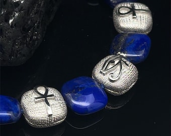 Platinum Egyptian Charm Bracelet With Lapis Lazuli And Ancient Hieroglyph Symbols Custom Jewelry