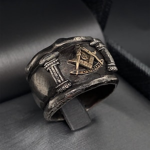 Handcrafted Masonic Ring: Elegant Silver and Gold Band for Men&#39;s Wedding, Anniversary, or Lodge Ceremony