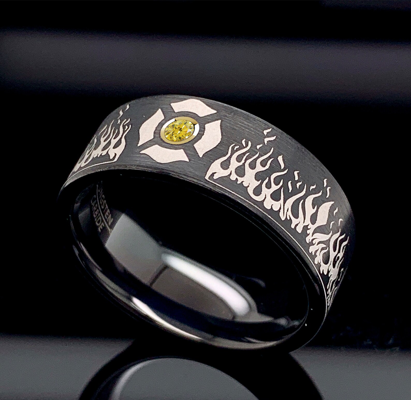 Black Tungsten Ring Mens Sapphire Ring Firefighter Ring Etsy UK