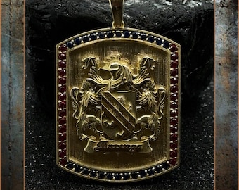 Handmade 18k Gold Family Crest Pendant with Rubies and Sapphires