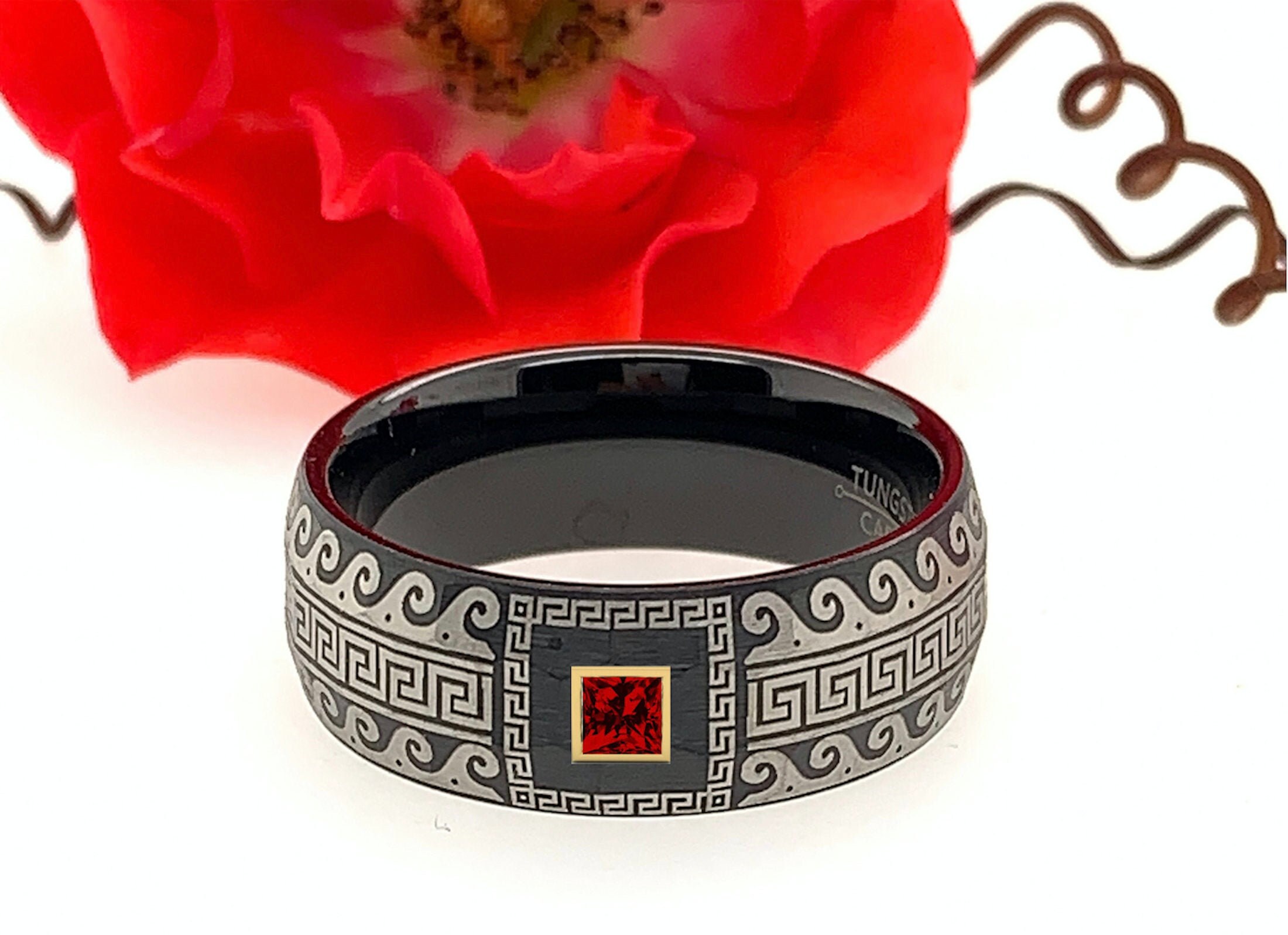 Tungsten Ring Red Ruby Mens Ring Black Wedding Ring Etsy Canada