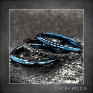 Black CZ Titanium Ring Set: Blue Tungsten Stackable Wedding Bands, Engraved 2mm Rings