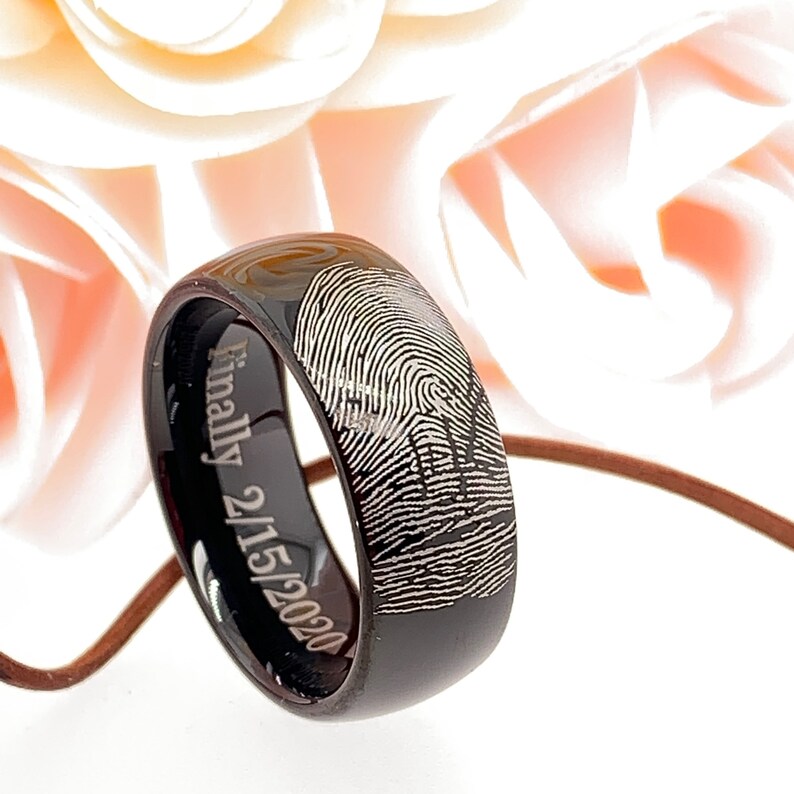 Fingerprint Ring Black Tungsten Ring Mens Wedding Ring Etsy