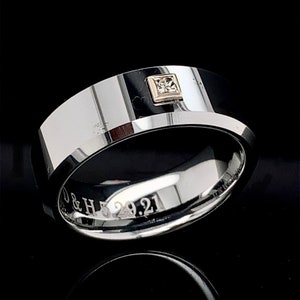 Tungsten Wedding Band: Silver, 8mm, Princess Cut Diamond