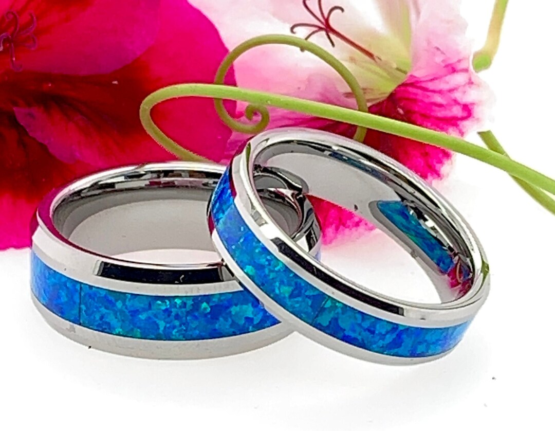 Tungsten Ring Blue Opal Ring Mens Wedding Ring Tungsten Etsy