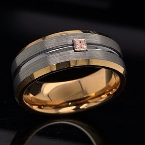 Morganite Mens Wedding Ring Tungsten Band Rose Gold Comfort Fit Unique Personalized Jewelry Gift for Him