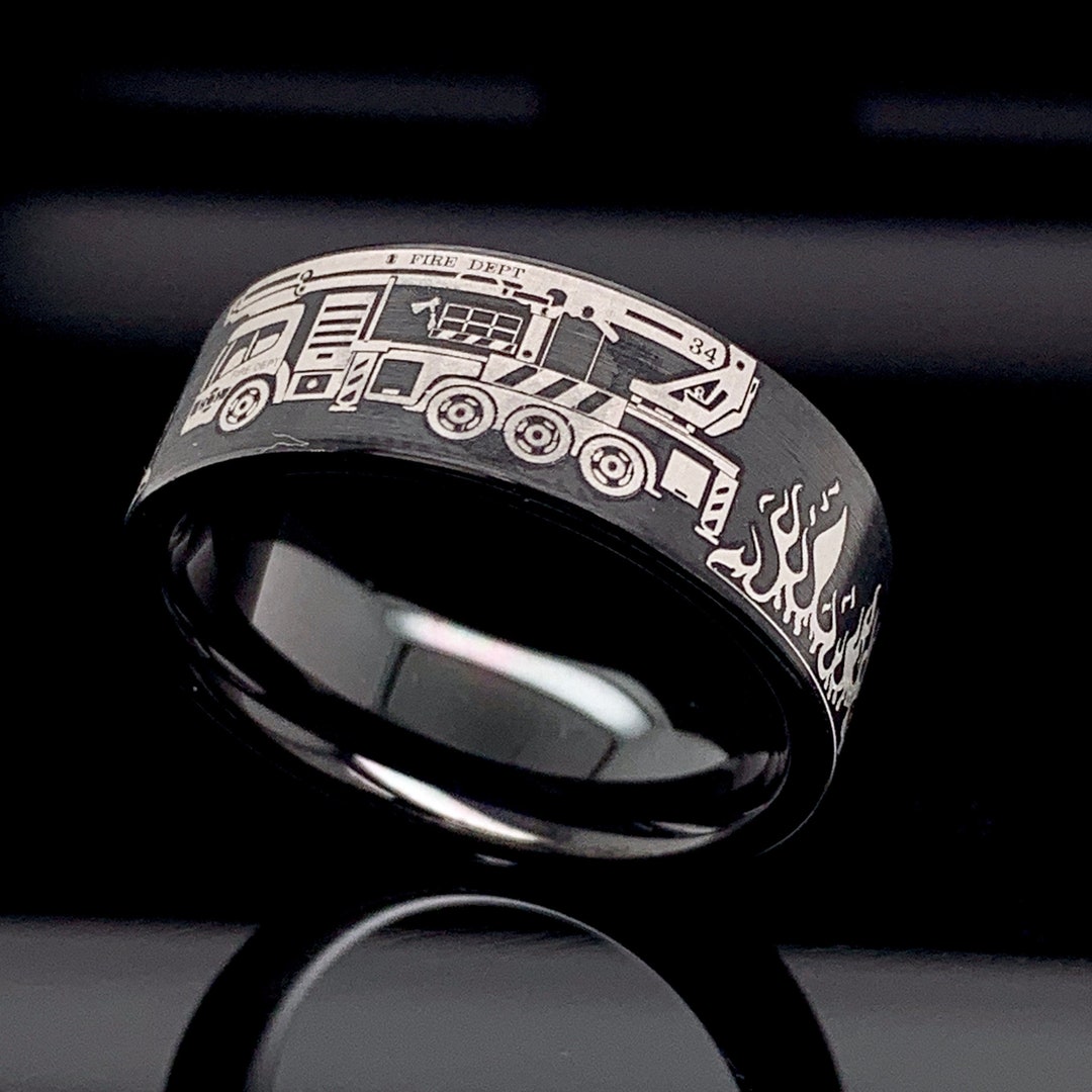 Firefighter Ring: Brushed Black Tungsten Wedding Band, Custom Engraved ...