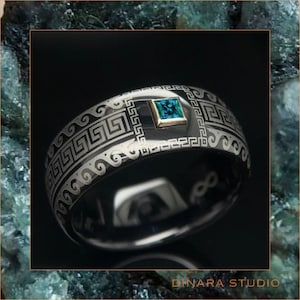 Black Tungsten Ring: Greek Wave Pattern, Alexandrite Gemstone