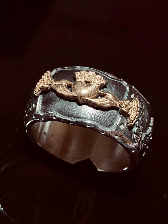 14k Mens Rose Gold Claddagh Ring Handcrafted Silver And Solid 14k