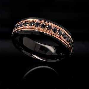 Black Tungsten Ring: Rose Gold, CZ Wedding Band, 8mm