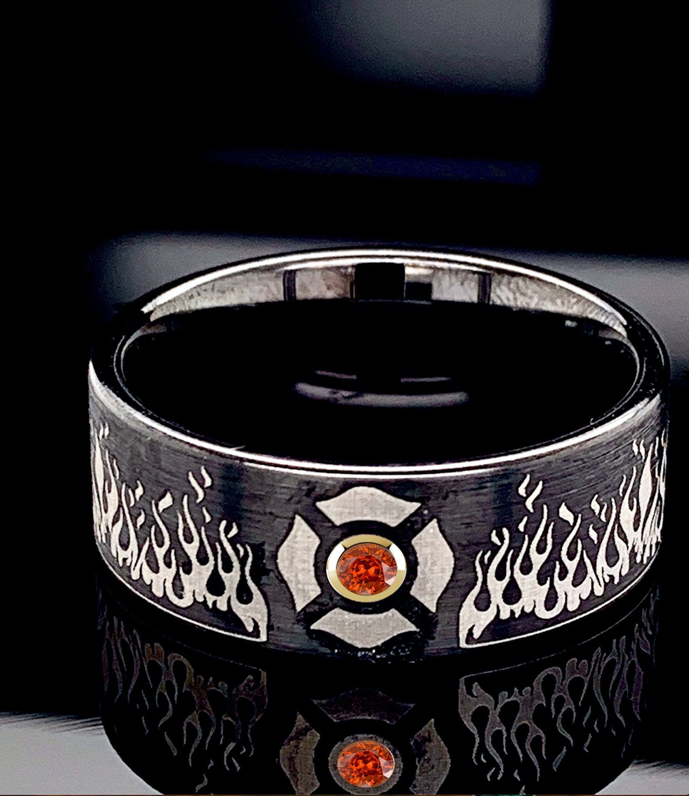 Black Tungsten Ring Mens Sapphire Ring Firefighter Ring Etsy UK
